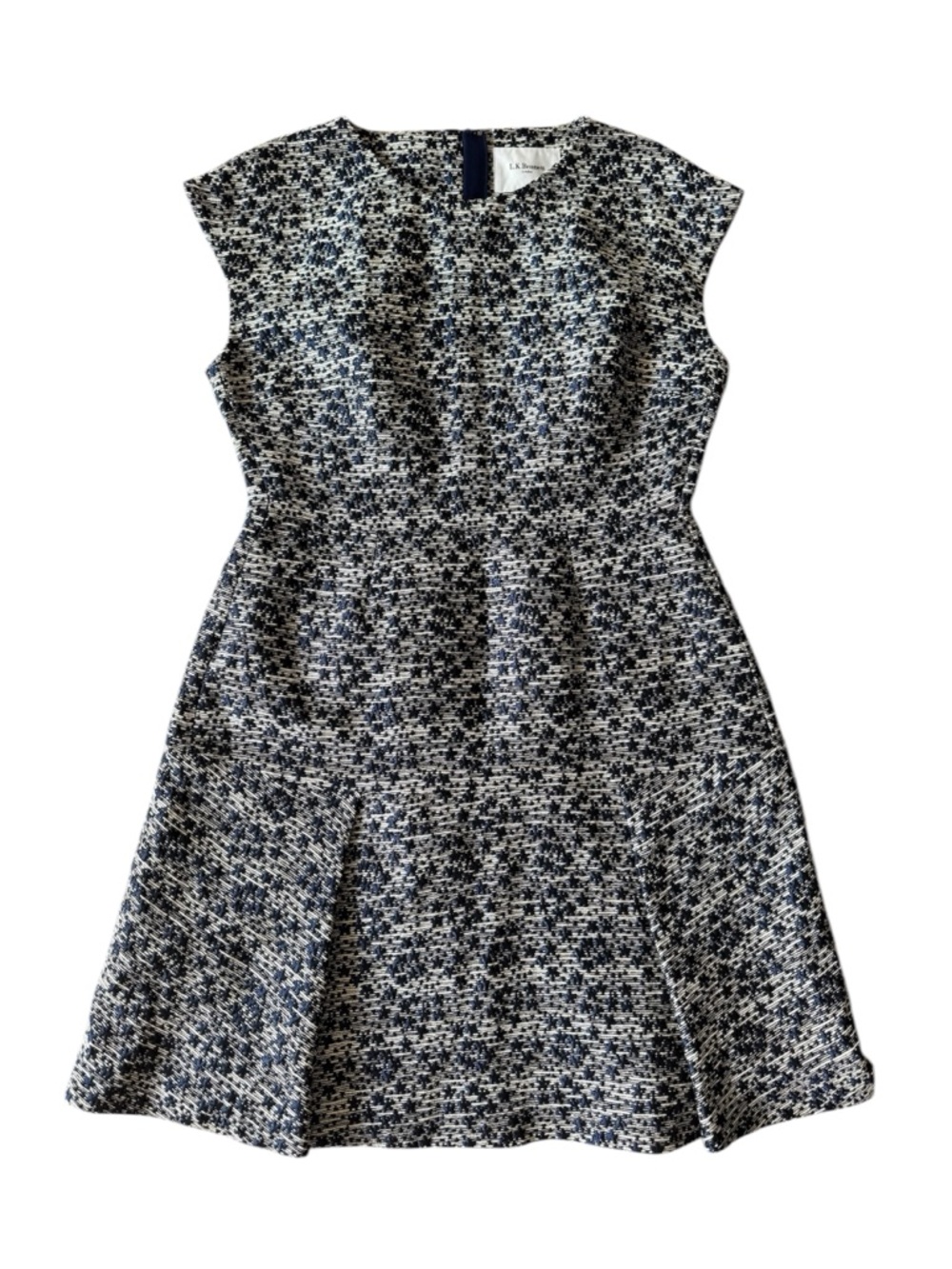 LK Bennett US 12 Dr Alton Tweed Fit And Flare Pleated Dress Blue Short Sleeve